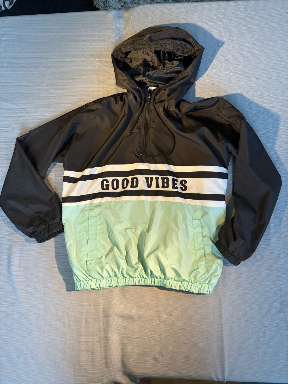 Good Vibes Kids Windbreaker Hoodie - Black and Mint